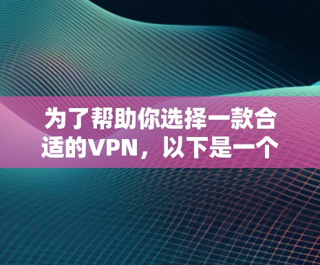 为了帮助你选择一款合适的VPN，以下是一个有条理的指南，涵盖了从选择VPN类型到评估和配置的各个方面